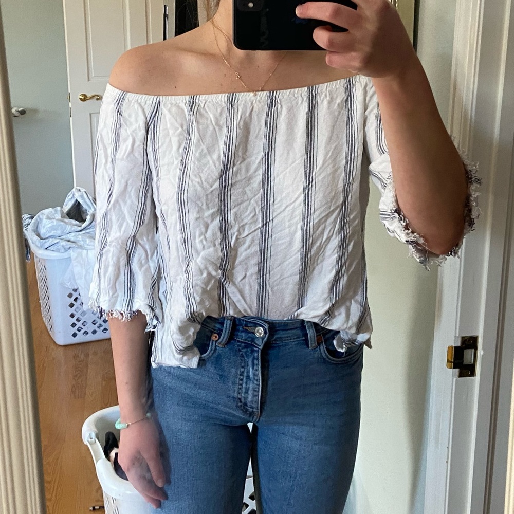 Off the shoulder blue and white striped blouse